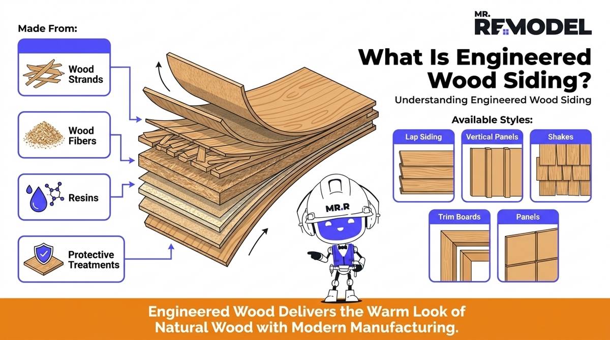 Overview infographic explaining engineered wood siding, how it is made, and the product styles available.